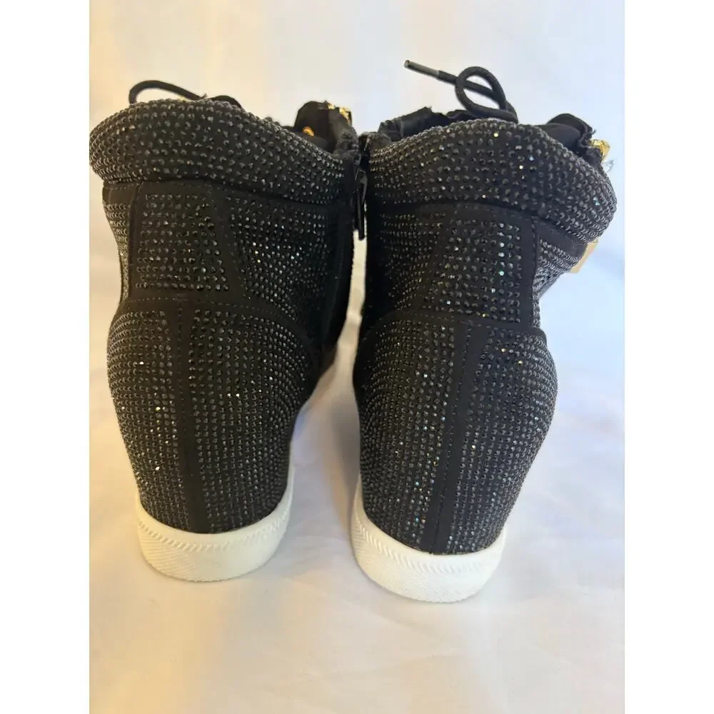 INC International Concepts Debby Rhinestone Wedge Sneakers Black Gold Sz 10